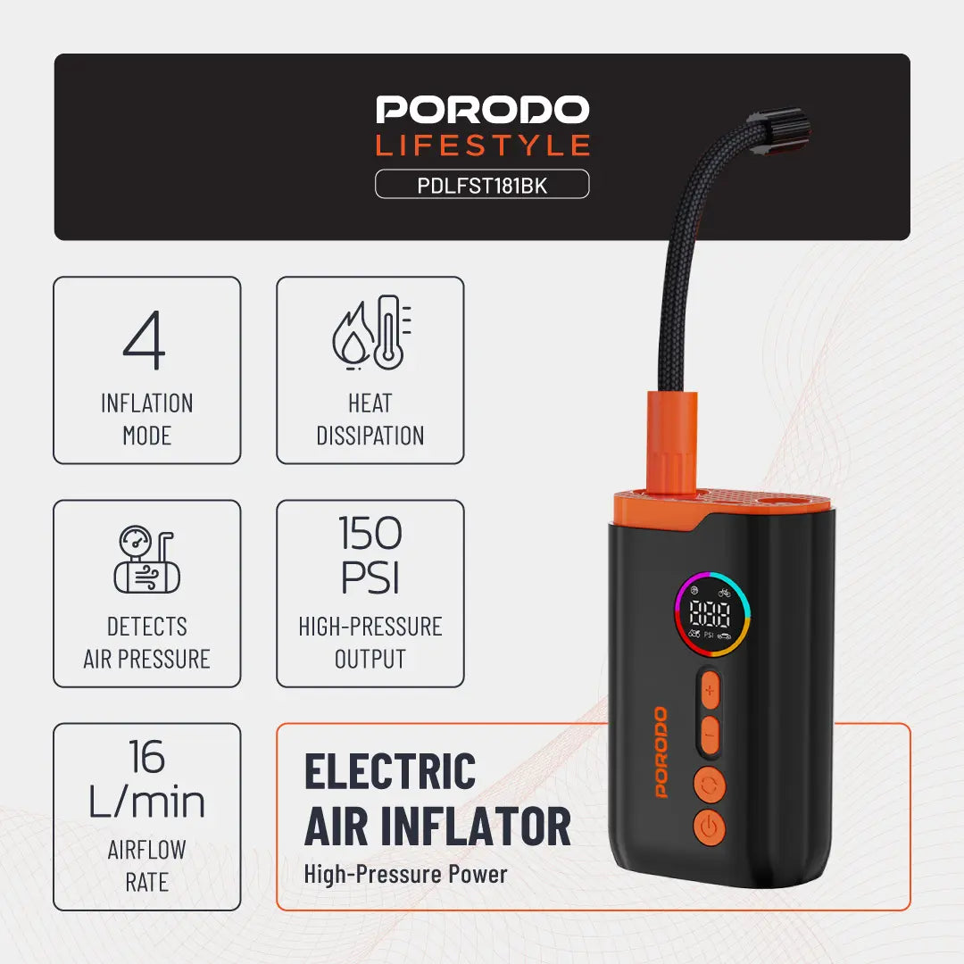 Porodo Lifestyle Electric Air Inflator With High-Pressure Power & Built-In Flashlight - Black